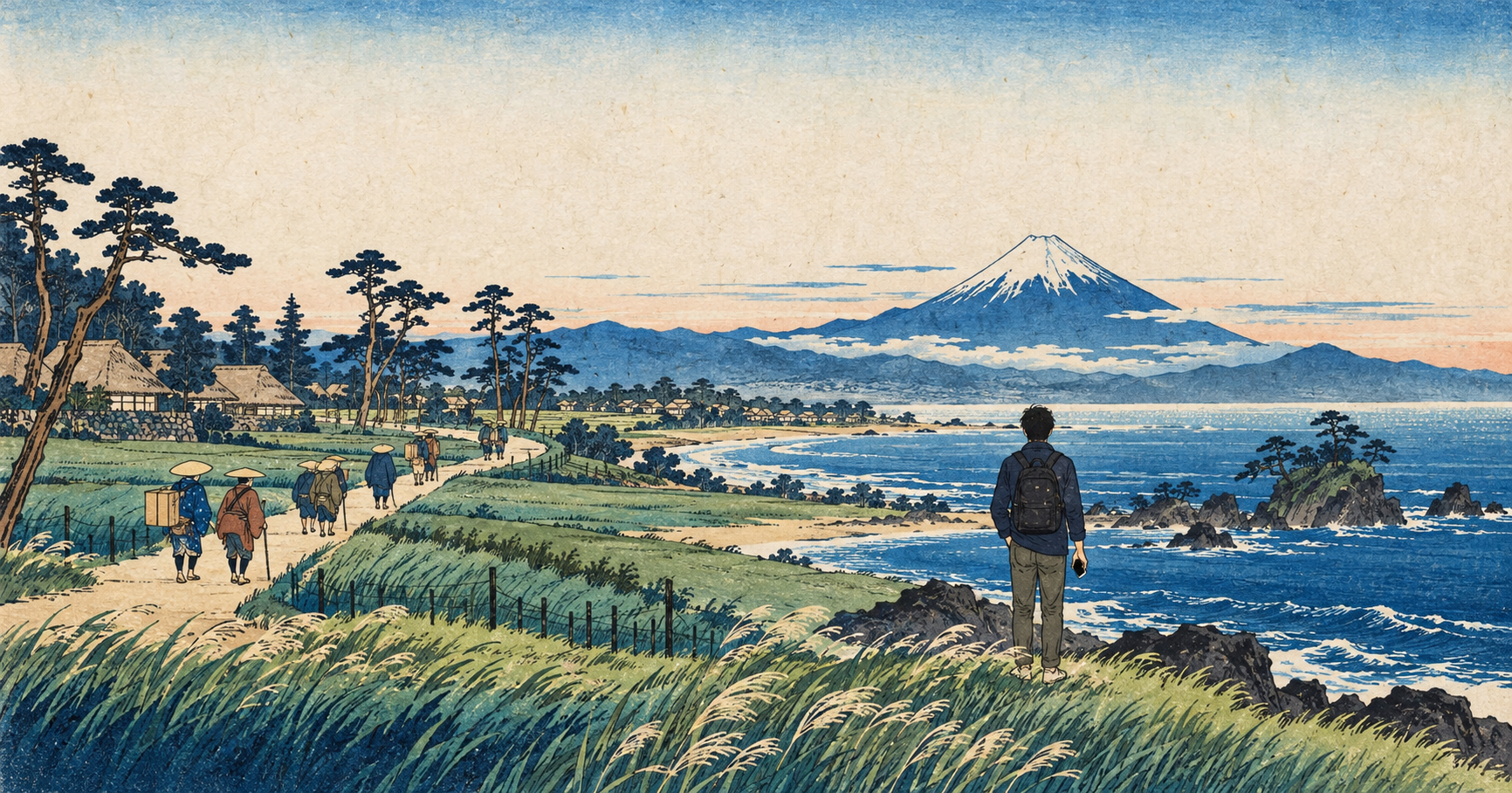 海沿いの道を行く江戸の旅人と、富士山を見つめる現代の旅行者を描いた浮世絵風イラスト（AI生成）